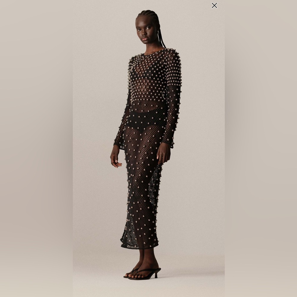 Elegant Black Sheer Dress with Pearl Accents